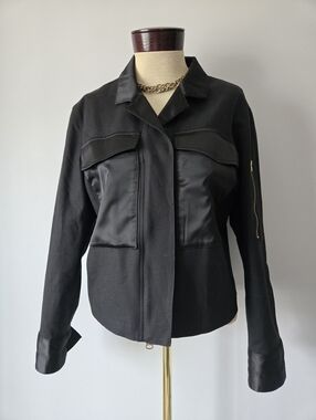 CAbi Black Mixed-Media Cotton/ Lyocell Utility Jacket. Size Medium